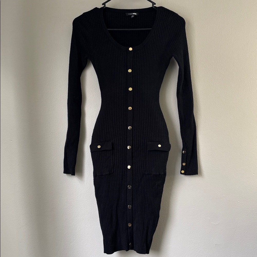 Fashion Nova Black Long Sleeve Dress with Gold Buttons